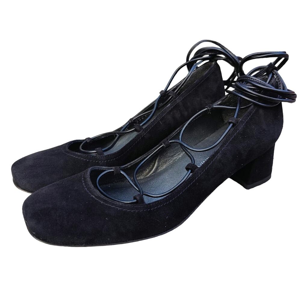 Black suede Stuart Weitzman lace up kitten heels sz 6 ballet
